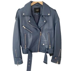 Maje Steel Blue Leather Jacket with Silver Accents